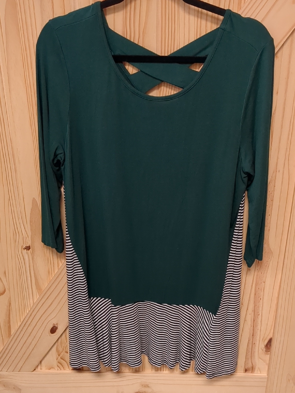 Green & Black-White Striped Crisscross Back Tunic Top